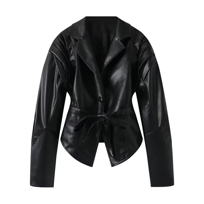 Damen Taillierte Wickeljacke aus Wildlederoptik mit Schulterplissee und Bindegürtel Nord Taschen