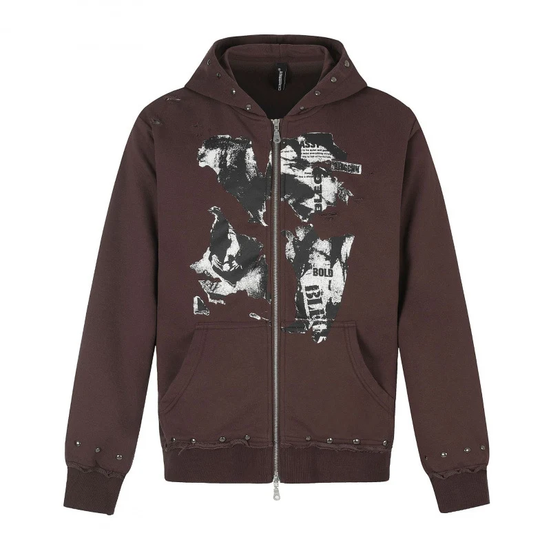[Herren] Kapuzensweatjacke mit durchgehendem Reißverschluss, Vintage‑Print und Nietenbesatz Nord Taschen
