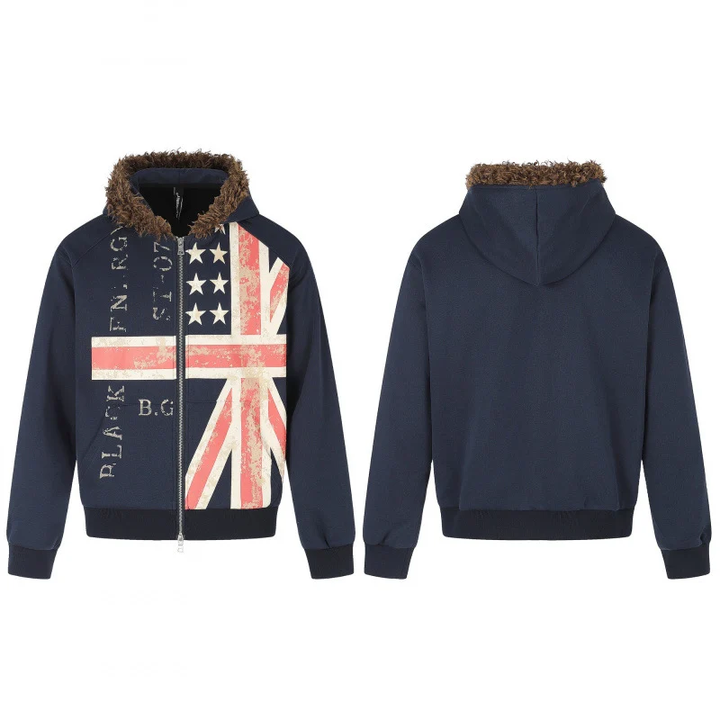 Herren Kapuzenjacke mit Vintage‑Flaggenprint, Kunstfellkapuze und Zweiwege‑Reißverschluss Nord Taschen