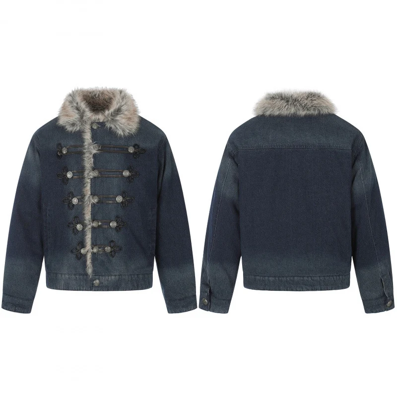 Herren Jeansjacke im Military‑Inspirierten Ornamentstil mit Kunstfellbesatz Nord Taschen