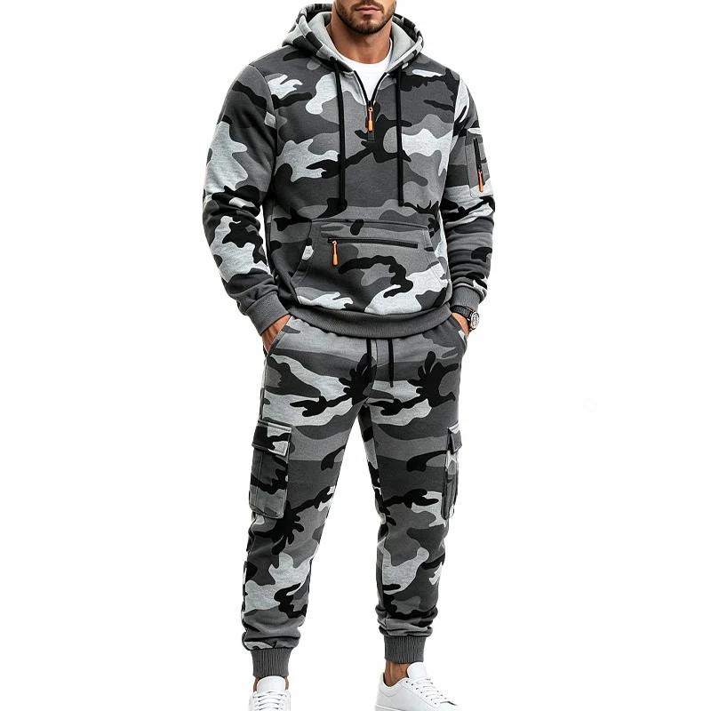 Herren Zweiteiliges Camouflage-Trainingsanzug-Set mit Kapuzen-Sweatshirt und Cargo-Joggern Nord Taschen