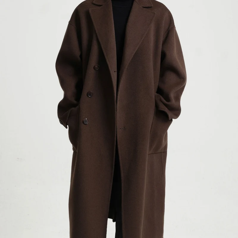 Herren Oversize Doppelreiher Wollmantel mit weitem Schnitt und klassischem Revers Nord Taschen