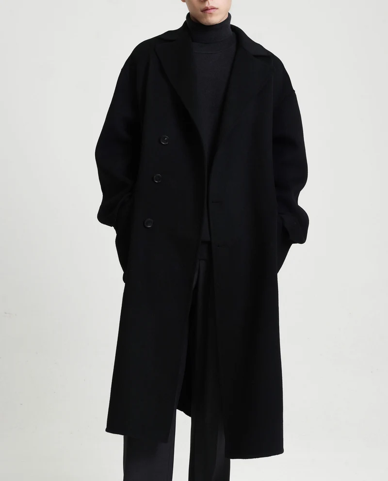 Herren Oversize Doppelreiher Wollmantel mit weitem Schnitt und klassischem Revers Nord Taschen