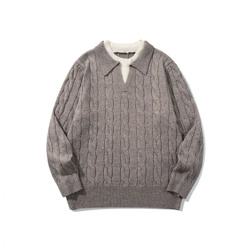 Herren Grobgestrickter Zopfmuster-Pullover mit Polokragen und V‑Ausschnitt Nord Taschen