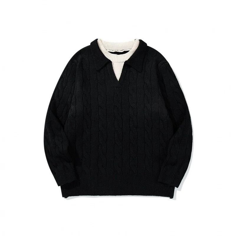 Herren Grobgestrickter Zopfmuster-Pullover mit Polokragen und V‑Ausschnitt Nord Taschen