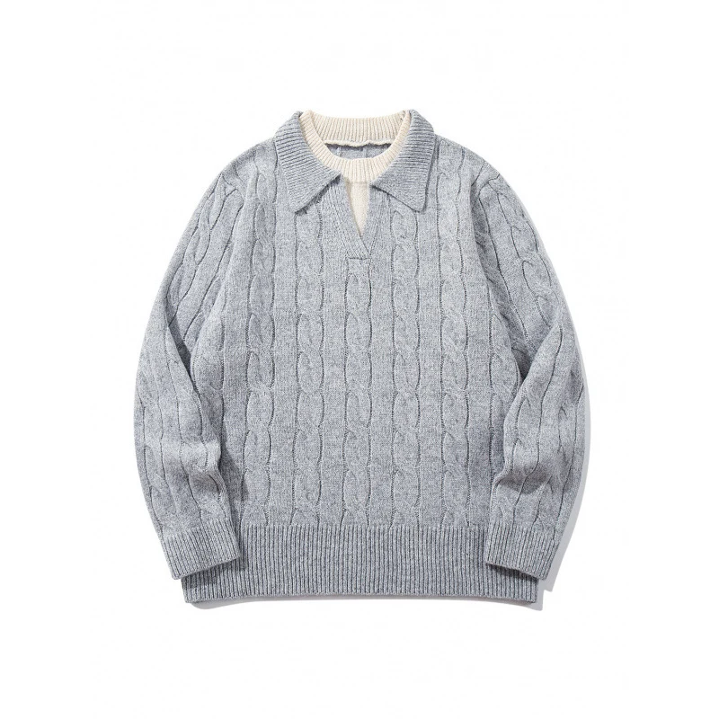 Herren Grobgestrickter Zopfmuster-Pullover mit Polokragen und V‑Ausschnitt Nord Taschen
