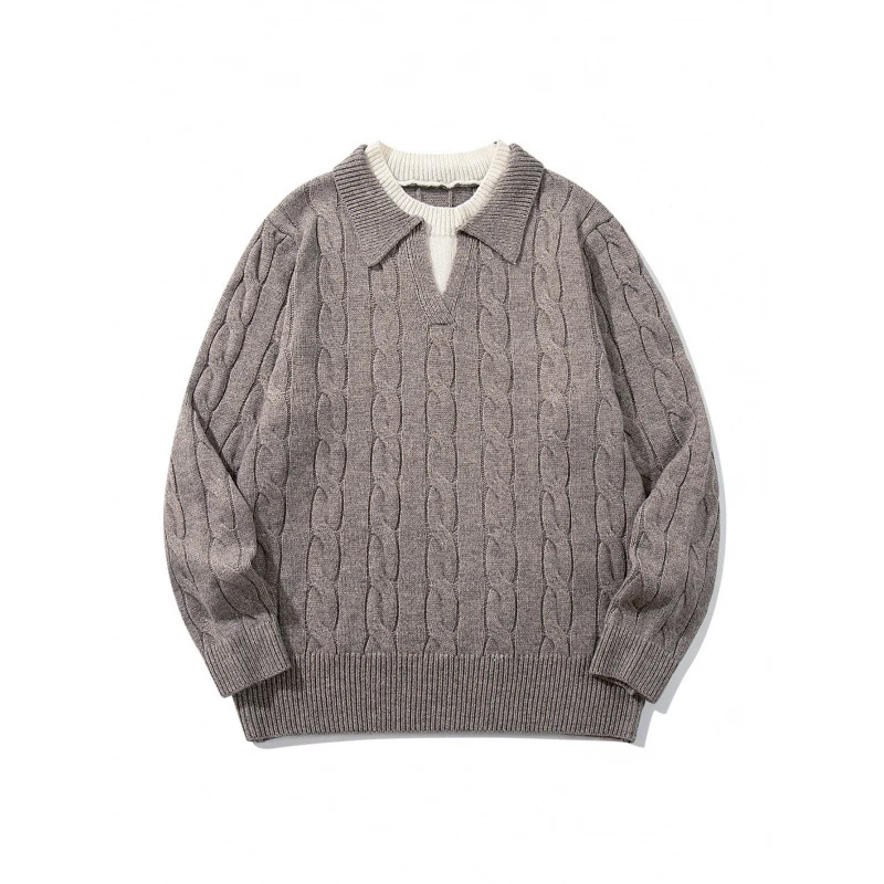 Herren Grobgestrickter Zopfmuster-Pullover mit Polokragen und V‑Ausschnitt Nord Taschen
