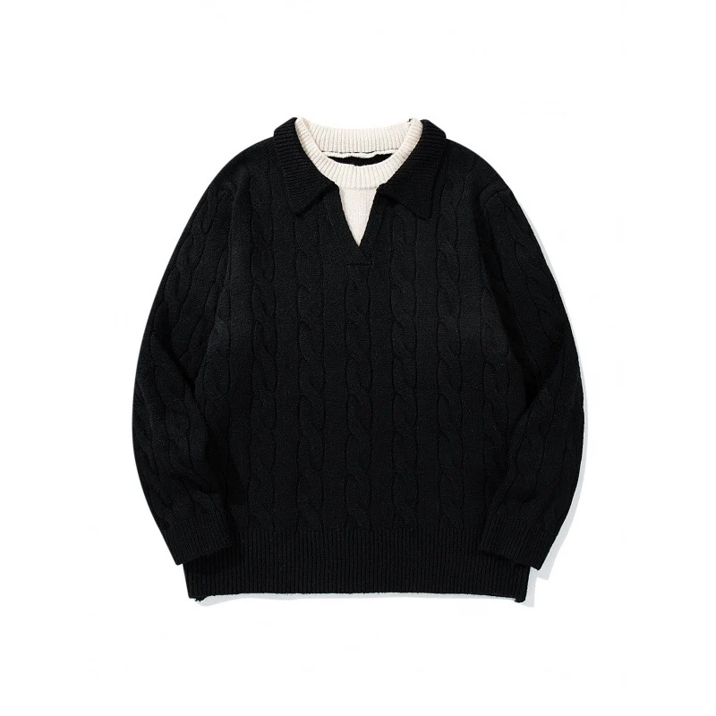Herren Grobgestrickter Zopfmuster-Pullover mit Polokragen und V‑Ausschnitt Nord Taschen