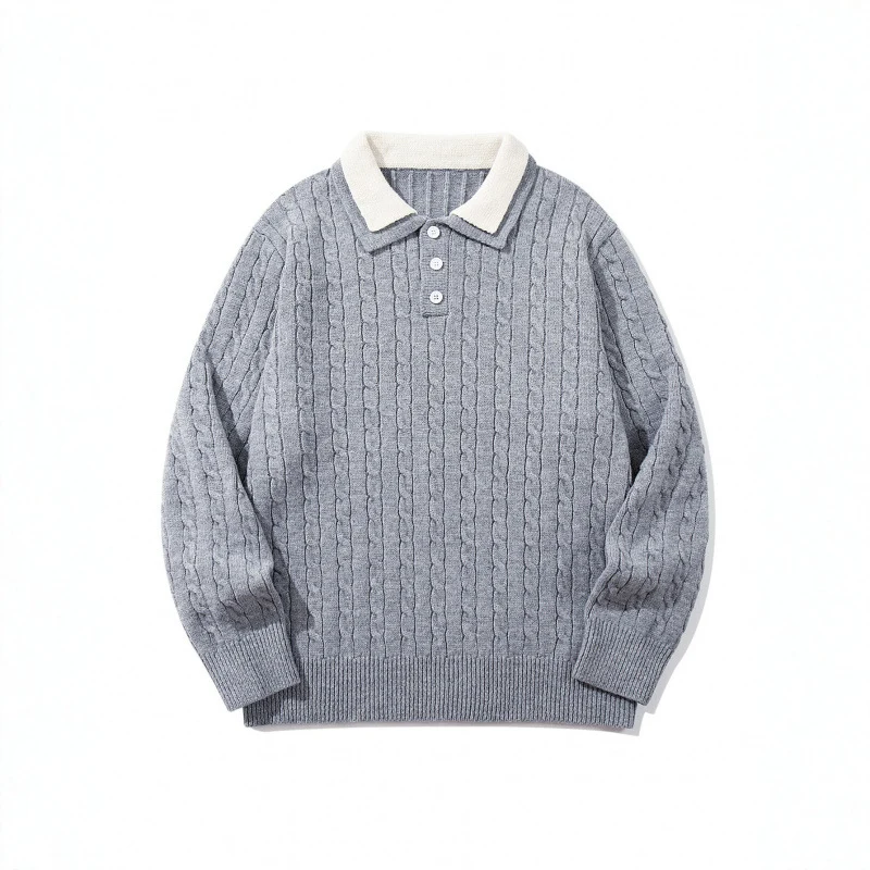 Herren Grobgestrickter Polokragen-Pullover mit Zopfmuster und Knopfleiste Nord Taschen
