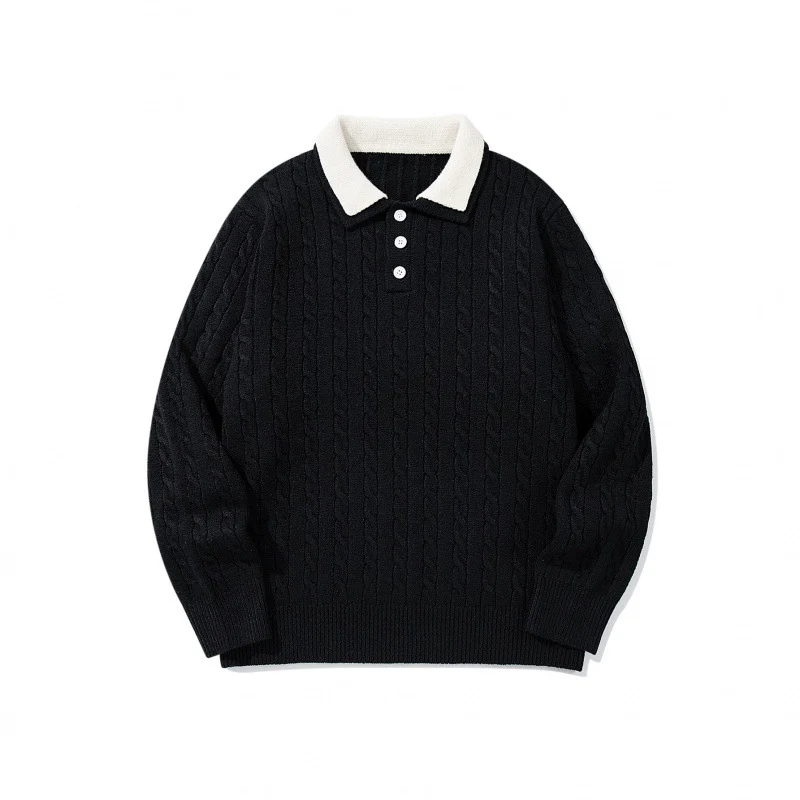 Herren Grobgestrickter Polokragen-Pullover mit Zopfmuster und Knopfleiste Nord Taschen