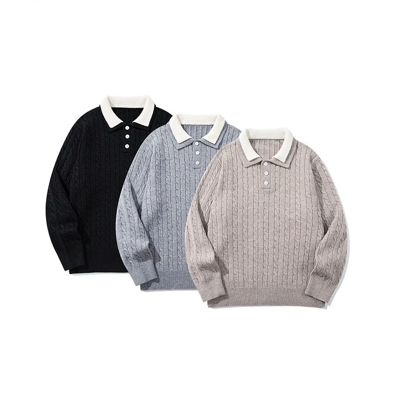 Herren Grobgestrickter Polokragen-Pullover mit Zopfmuster und Knopfleiste Nord Taschen