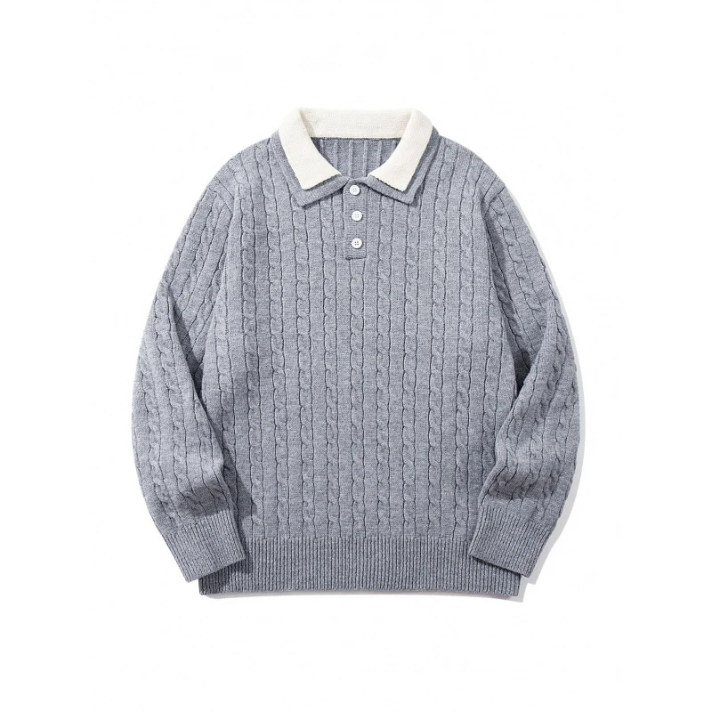 Herren Grobgestrickter Polokragen-Pullover mit Zopfmuster und Knopfleiste Nord Taschen