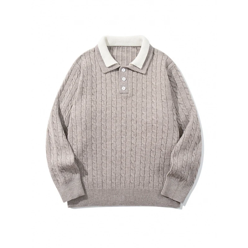 Herren Grobgestrickter Polokragen-Pullover mit Zopfmuster und Knopfleiste Nord Taschen