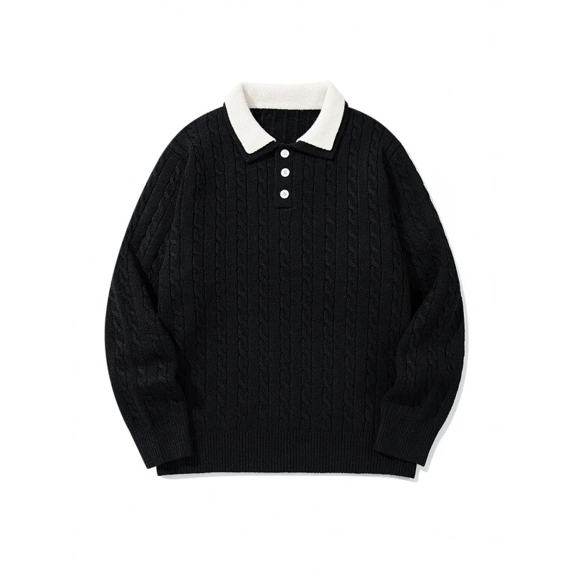 Herren Grobgestrickter Polokragen-Pullover mit Zopfmuster und Knopfleiste Nord Taschen