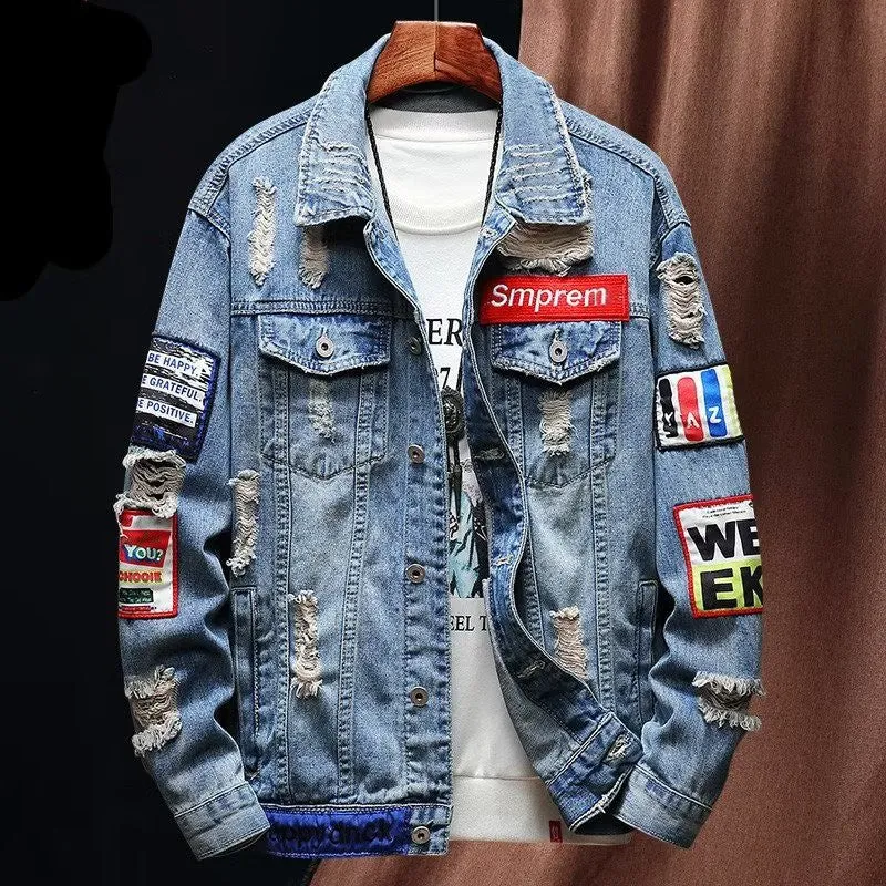 Herren Lässige Denimjacke mit kreativen Applikationen Nord Taschen