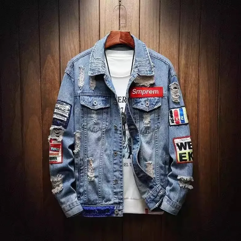 Herren Lässige Denimjacke mit kreativen Applikationen Nord Taschen