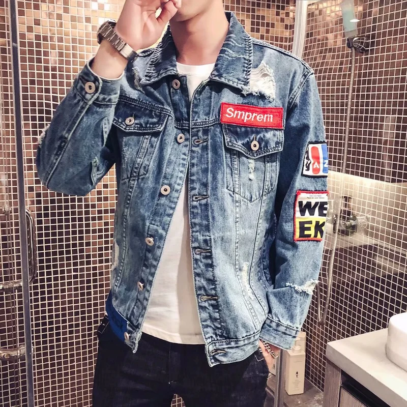 Herren Lässige Denimjacke mit kreativen Applikationen Nord Taschen