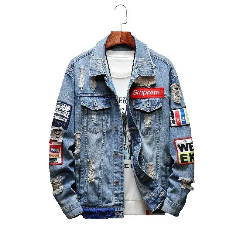 Herren Lässige Denimjacke mit kreativen Applikationen Nord Taschen