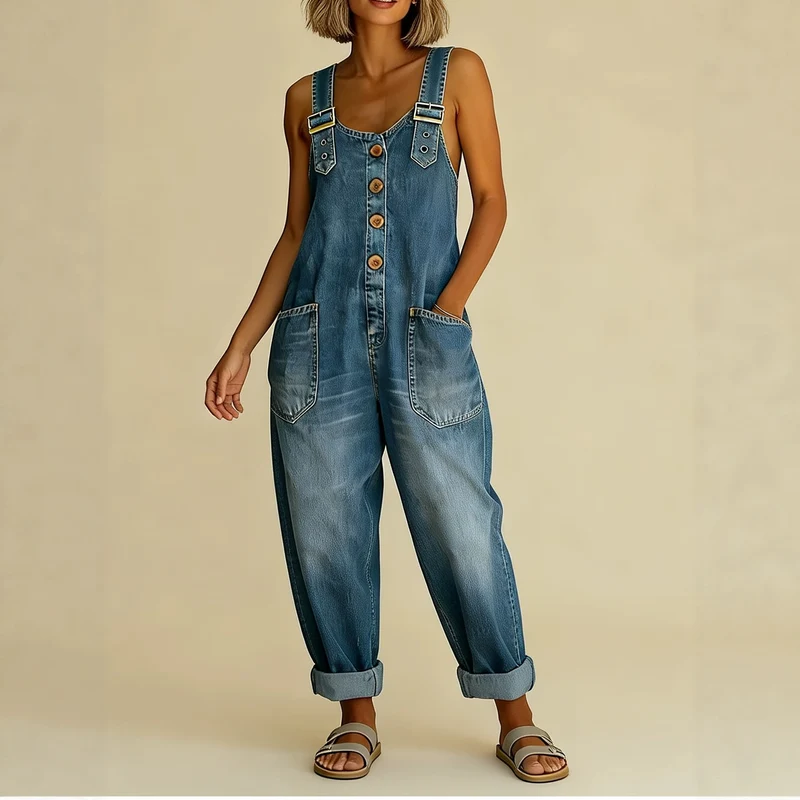 Damen Weite Denim-Latzhose mit Knopfleiste, verstellbaren Trägern und aufgesetzten Taschen Nord Taschen