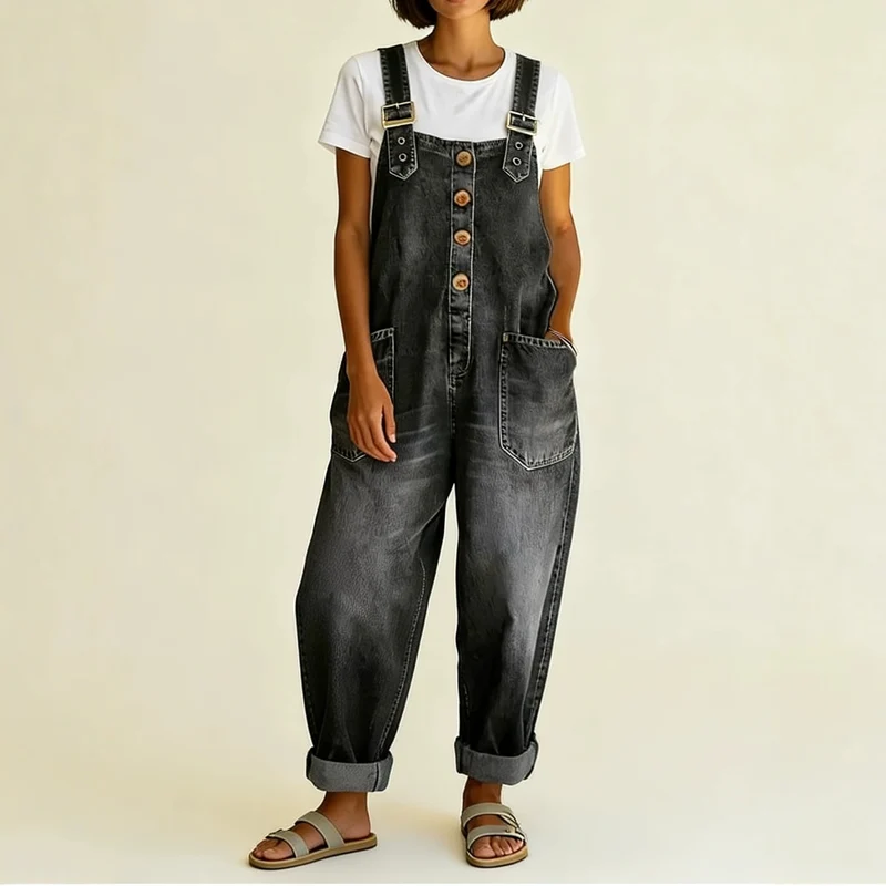 Damen Weite Denim-Latzhose mit Knopfleiste, verstellbaren Trägern und aufgesetzten Taschen Nord Taschen