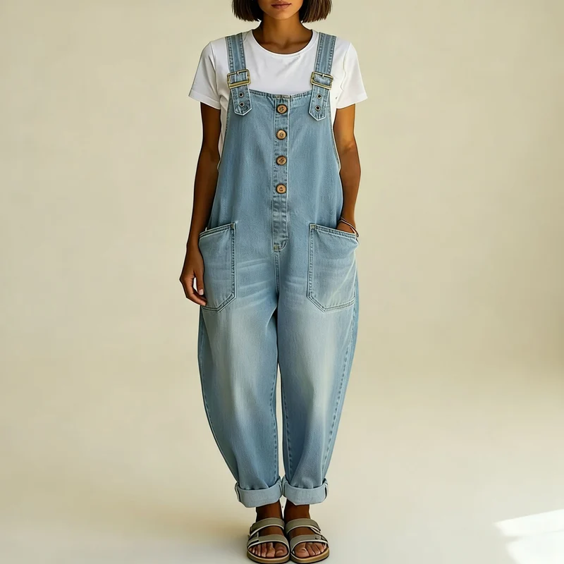Damen Weite Denim-Latzhose mit Knopfleiste, verstellbaren Trägern und aufgesetzten Taschen Nord Taschen