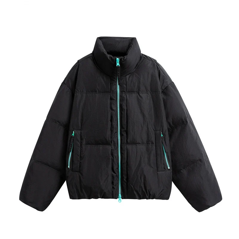 Damen Kurze Oversize-Steppjacke mit hohem Stehkragen und Kontrast-Reißverschluss Nord Taschen