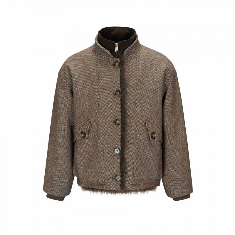 Damen Kurze Boxy-Jacke mit Teddyfutter, Stehkragen und Pattentaschen Nord Taschen