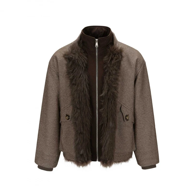 Damen Kurze Boxy-Jacke mit Teddyfutter, Stehkragen und Pattentaschen Nord Taschen