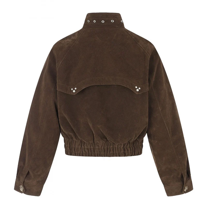 Damen Kurz geschnittene Wildleder‑Bomberjacke mit hohem Stehkragen, Metall‑Applikationen und elastischem Taillenbund Nord Taschen