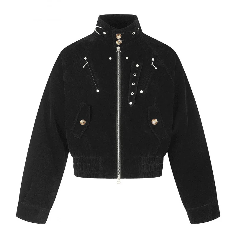 Damen Kurz geschnittene Wildleder‑Bomberjacke mit hohem Stehkragen, Metall‑Applikationen und elastischem Taillenbund Nord Taschen