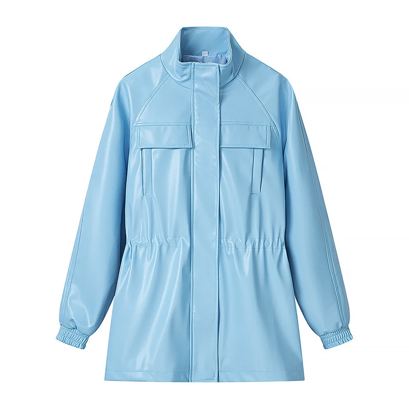 Damen Wasserabweisende Kurzparka aus Kunstleder mit Stehkragen, Taillenzug und Pattentaschen Nord Taschen
