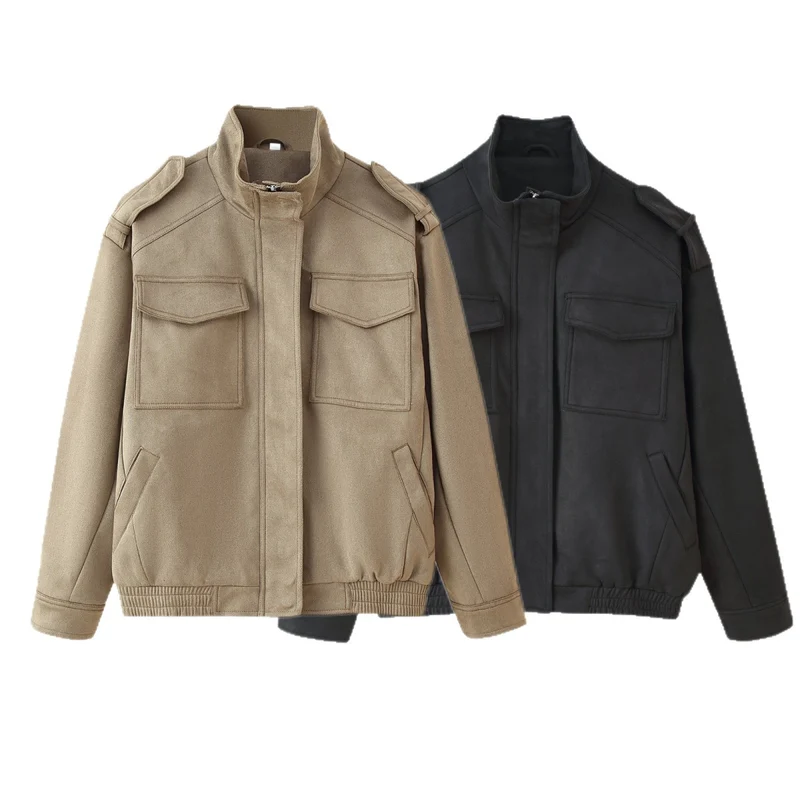 Damen Utility-Bomberjacke mit Schulterklappen, Stehkragen und aufgesetzten Pattentaschen Nord Taschen