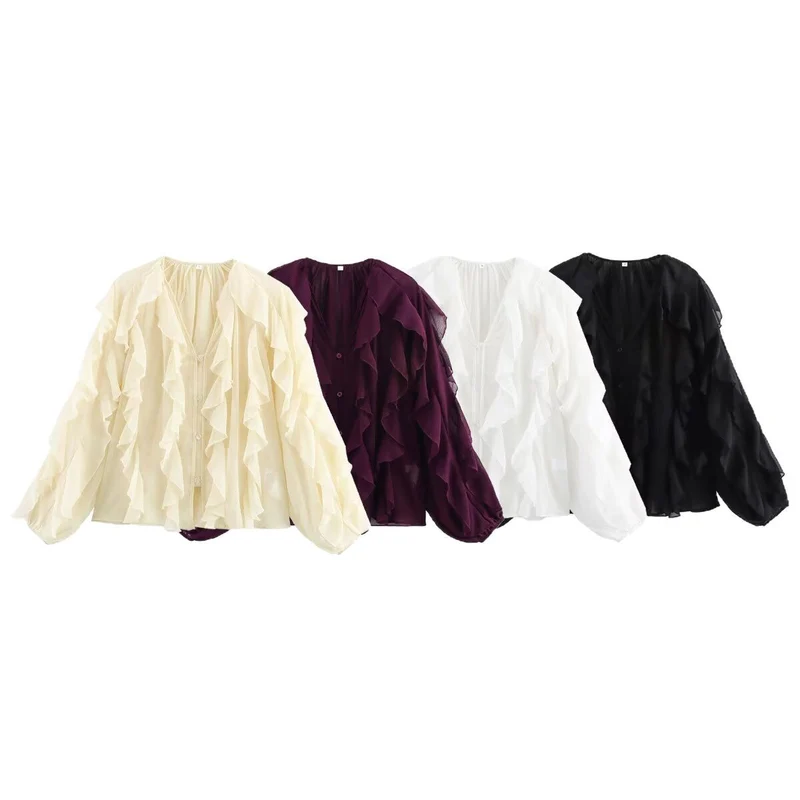 Damen Transparente Volant‑Chiffonbluse mit durchgehender Knopfleiste und voluminösen Balloonärmeln Nord Taschen