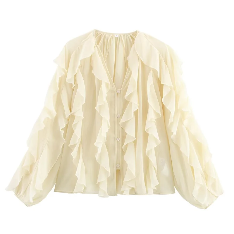 Damen Transparente Volant‑Chiffonbluse mit durchgehender Knopfleiste und voluminösen Balloonärmeln Nord Taschen