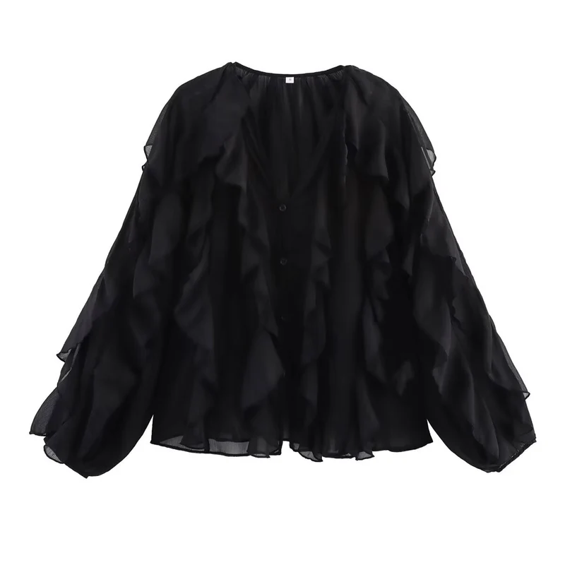 Damen Transparente Volant‑Chiffonbluse mit durchgehender Knopfleiste und voluminösen Balloonärmeln Nord Taschen