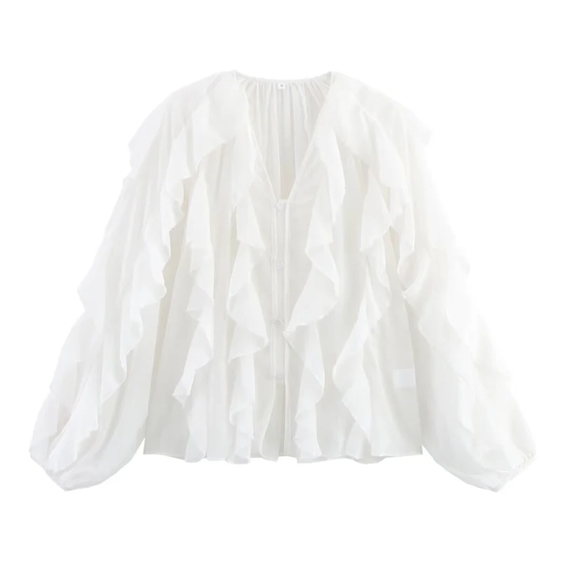 Damen Transparente Volant‑Chiffonbluse mit durchgehender Knopfleiste und voluminösen Balloonärmeln Nord Taschen