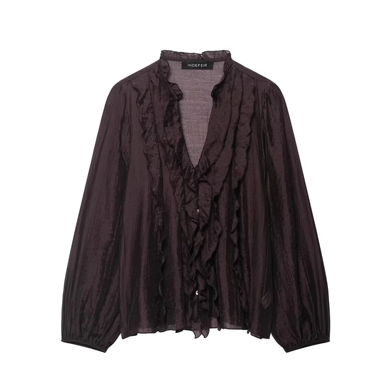 Damen Transparente Crinkle-Bluse mit Volantkragen, Rüschenfront und Ballonärmeln Nord Taschen