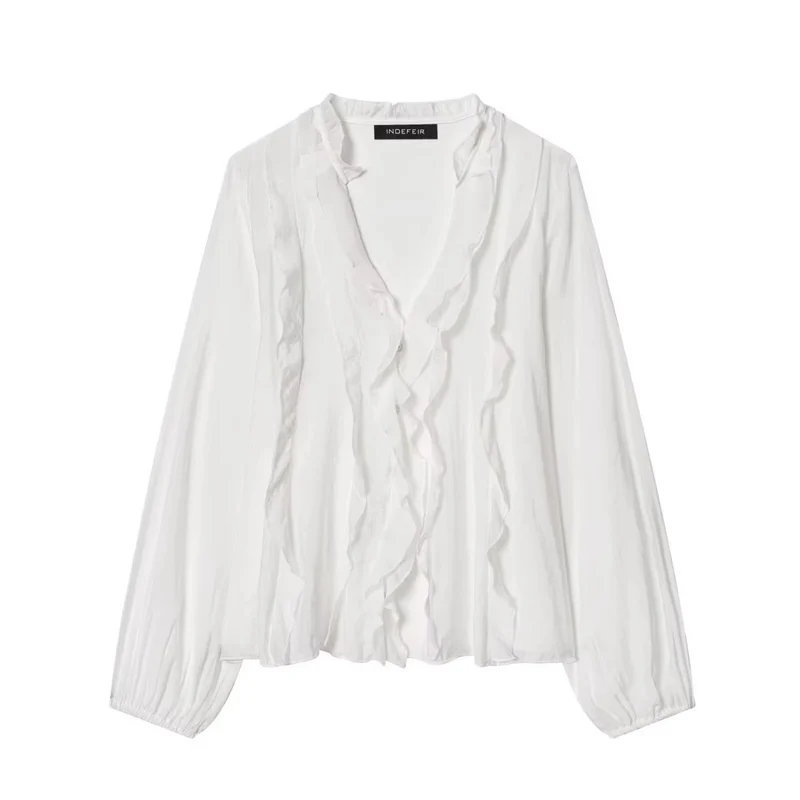 Damen Transparente Crinkle-Bluse mit Volantkragen, Rüschenfront und Ballonärmeln Nord Taschen
