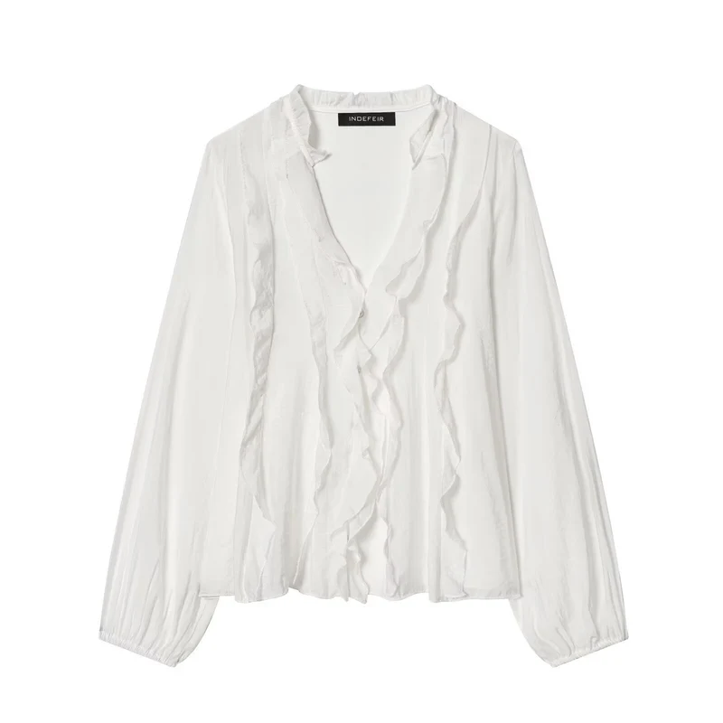 Damen Transparente Crinkle-Bluse mit Volantkragen, Rüschenfront und Ballonärmeln Nord Taschen