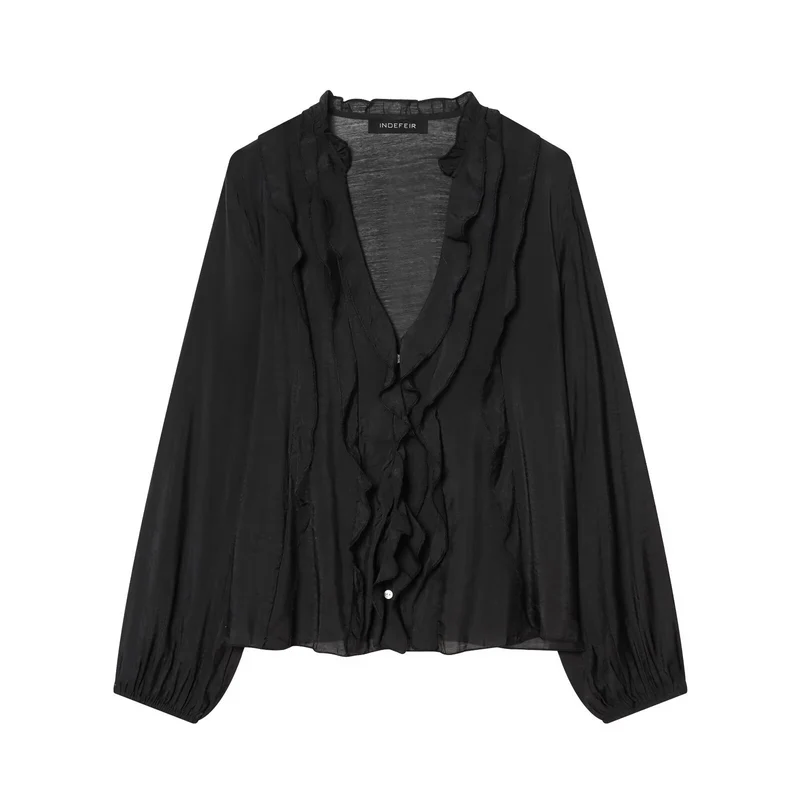 Damen Transparente Crinkle-Bluse mit Volantkragen, Rüschenfront und Ballonärmeln Nord Taschen