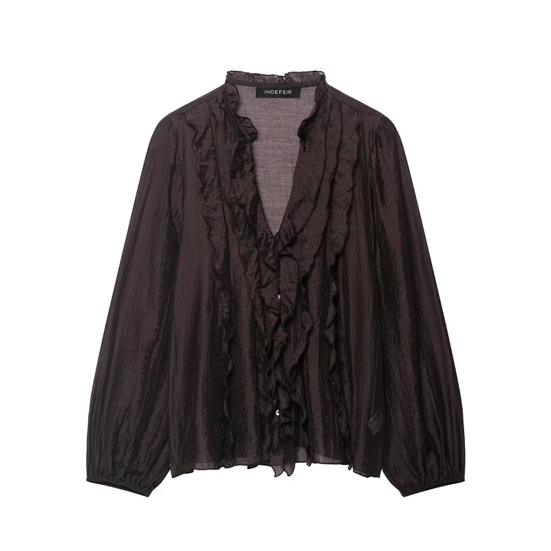 Damen Transparente Crinkle-Bluse mit Volantkragen, Rüschenfront und Ballonärmeln Nord Taschen