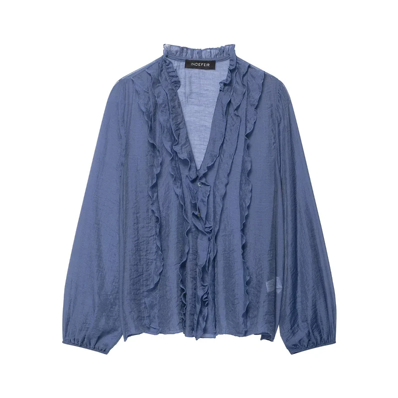 Damen Transparente Crinkle-Bluse mit Volantkragen, Rüschenfront und Ballonärmeln Nord Taschen