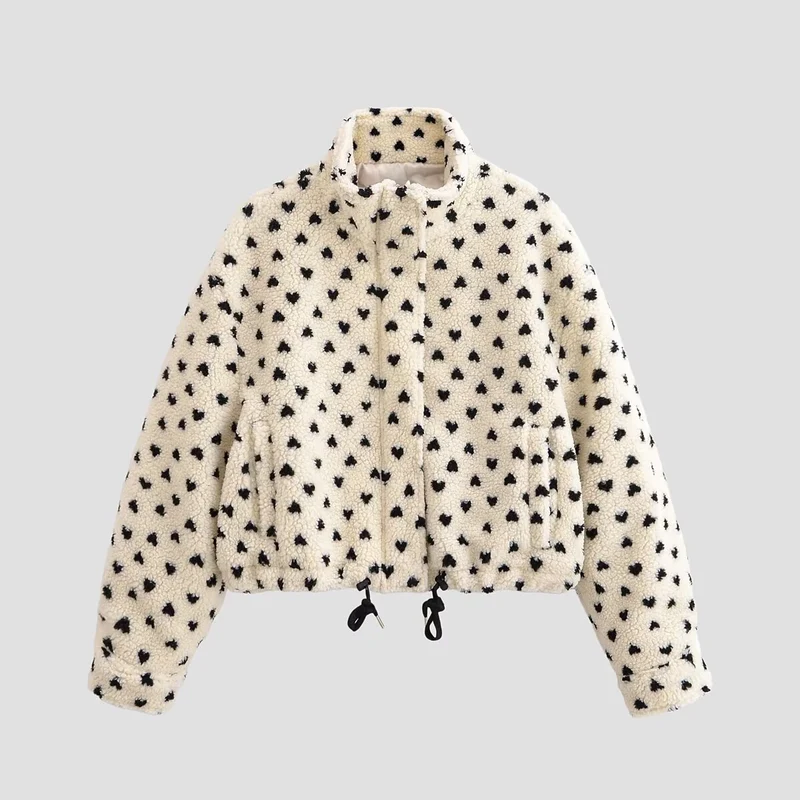 Damen Teddyjacke mit Stehkragen, Herzchen-Allover und Kordelzugsaum Nord Taschen