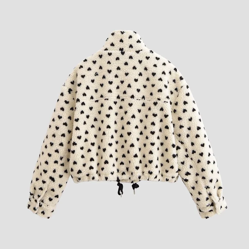 Damen Teddyjacke mit Stehkragen, Herzchen-Allover und Kordelzugsaum Nord Taschen