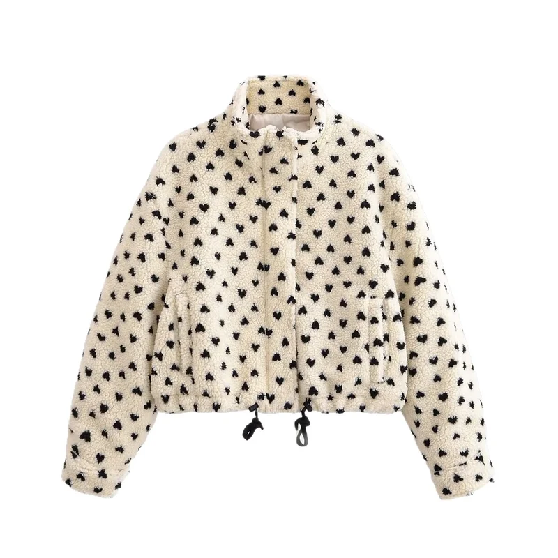 Damen Teddyjacke mit Stehkragen, Herzchen-Allover und Kordelzugsaum Nord Taschen