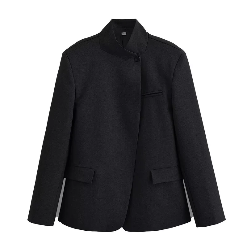 Damen Strukturierter Kurzblazer im Minimalstil mit Stehkragen und verdeckter Knopfleiste Nord Taschen