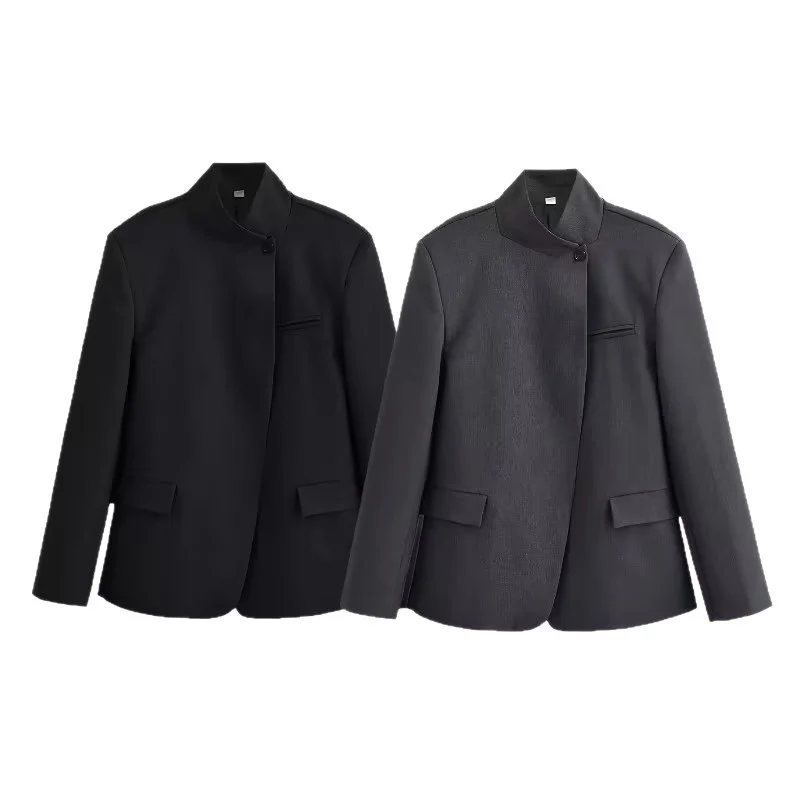 Damen Strukturierter Kurzblazer im Minimalstil mit Stehkragen und verdeckter Knopfleiste Nord Taschen