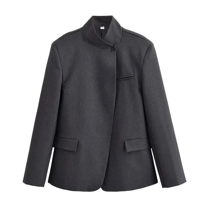Damen Strukturierter Kurzblazer im Minimalstil mit Stehkragen und verdeckter Knopfleiste Nord Taschen