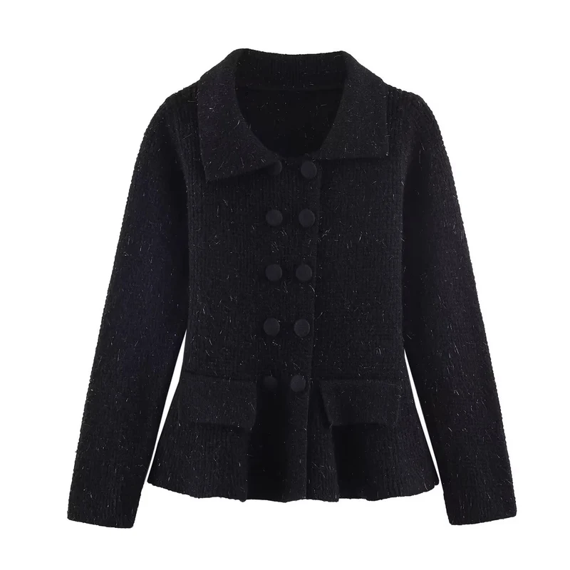 Damen Strukturierte Strickjacke mit Doppelreiher, taillenbetontem Peplum und Pattentaschen Nord Taschen