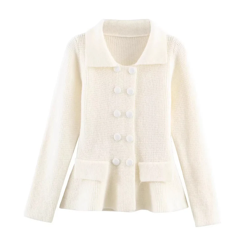 Damen Strukturierte Strickjacke mit Doppelreiher, taillenbetontem Peplum und Pattentaschen Nord Taschen